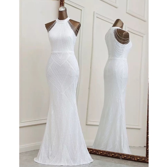 White Sequin dress with Bead Detail Shoulder - Picture 12 of 12